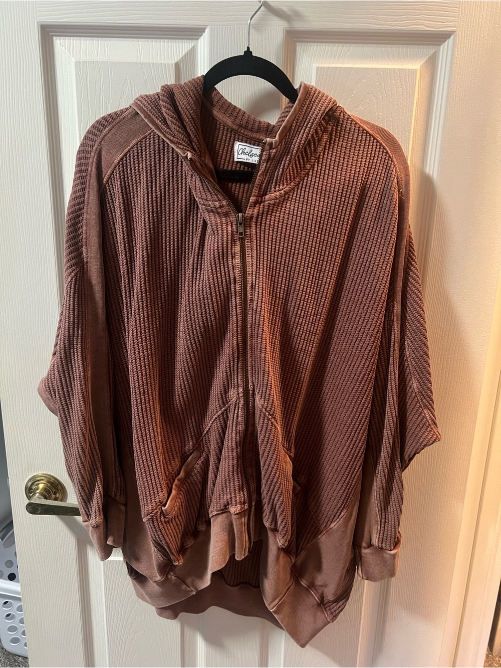 Cozy Washed Brown Waffle Knit Zip Hoodie